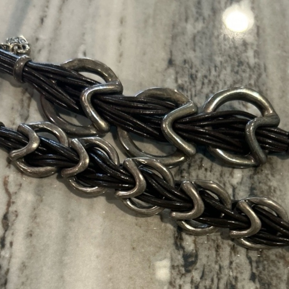 Uno de 50 STEPS Silver Plated Leather Necklace & Bracelet Set EUC